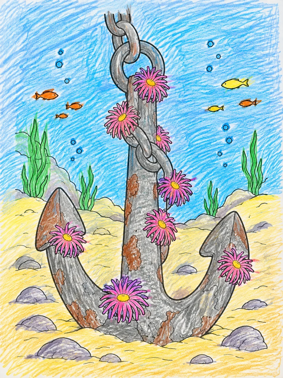 Colored example of the Sunken Ship Anchor On The Ocean Floor coloring page