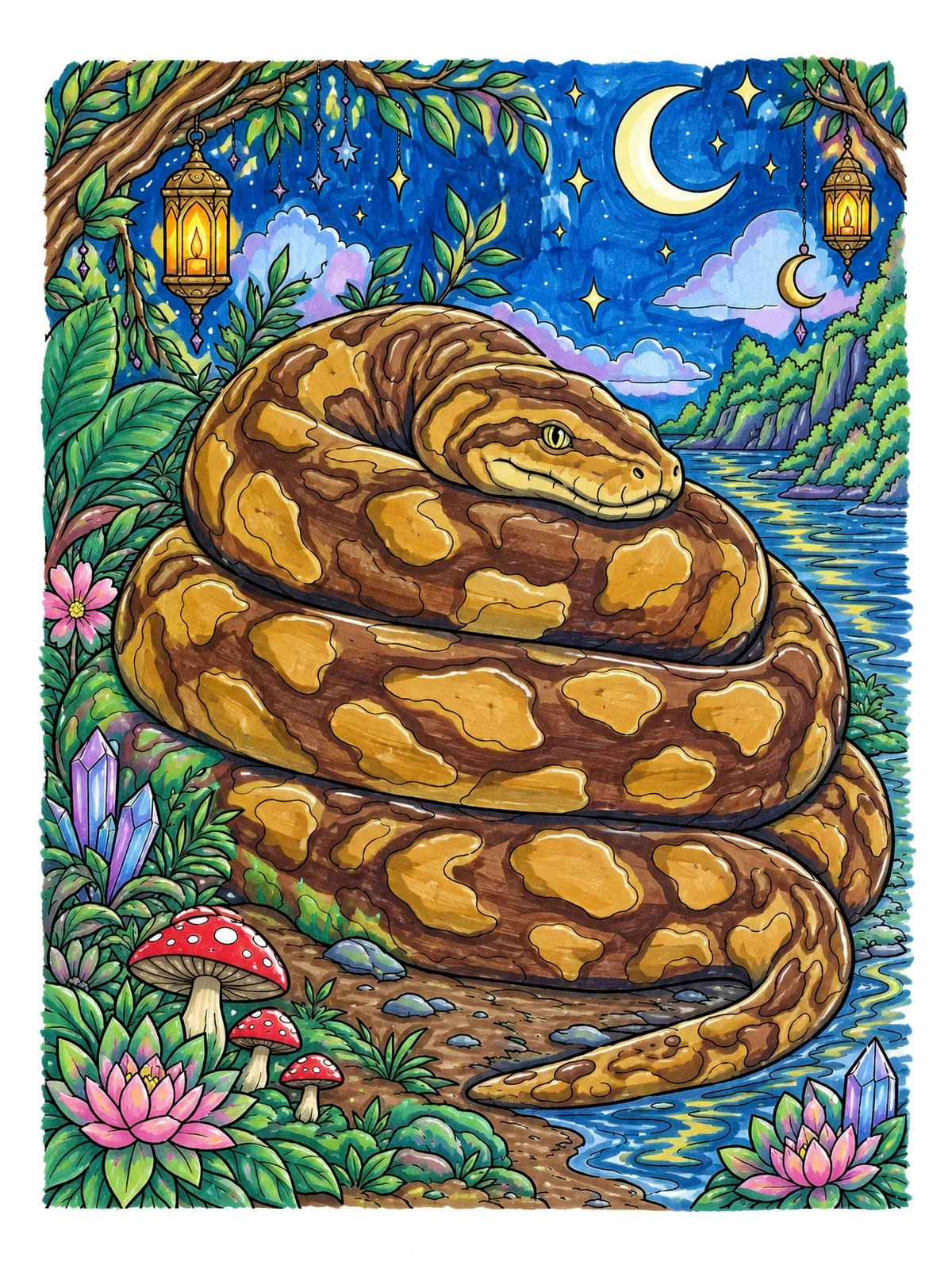 Colored example of the Titanoboa Coiled Under The Moon coloring page