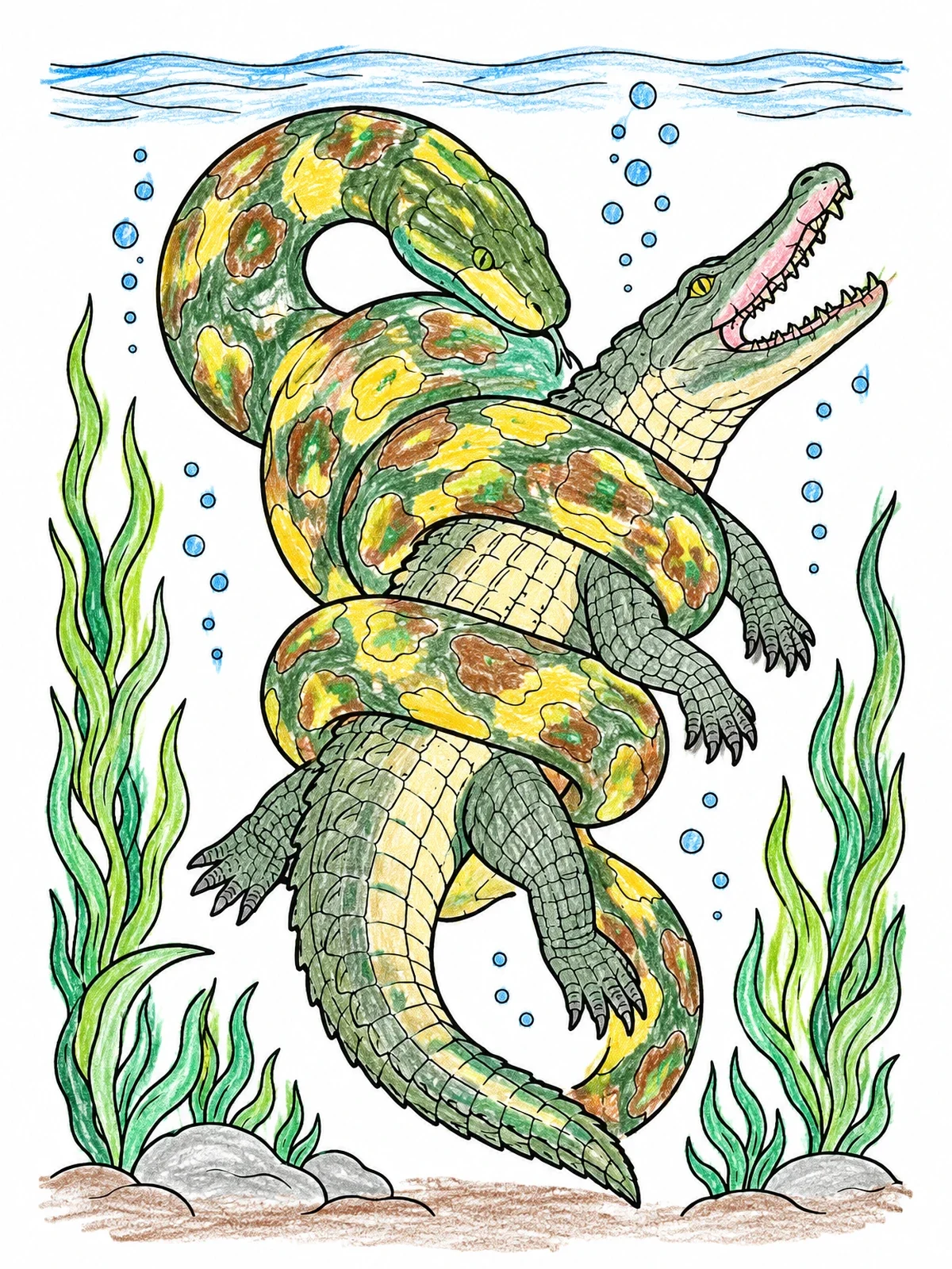 Colored example of the Titanoboa Constricting A Crocodilian Underwater coloring page