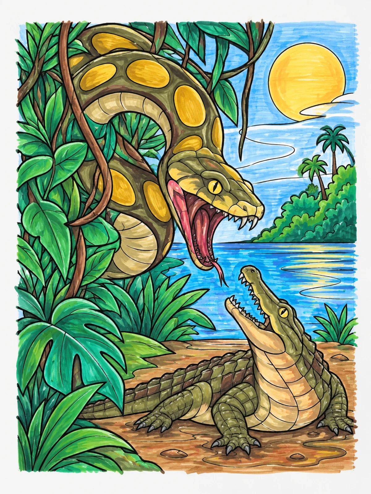 Colored example of the Titanoboa Confronts Crocodile In Prehistoric Jungle coloring page