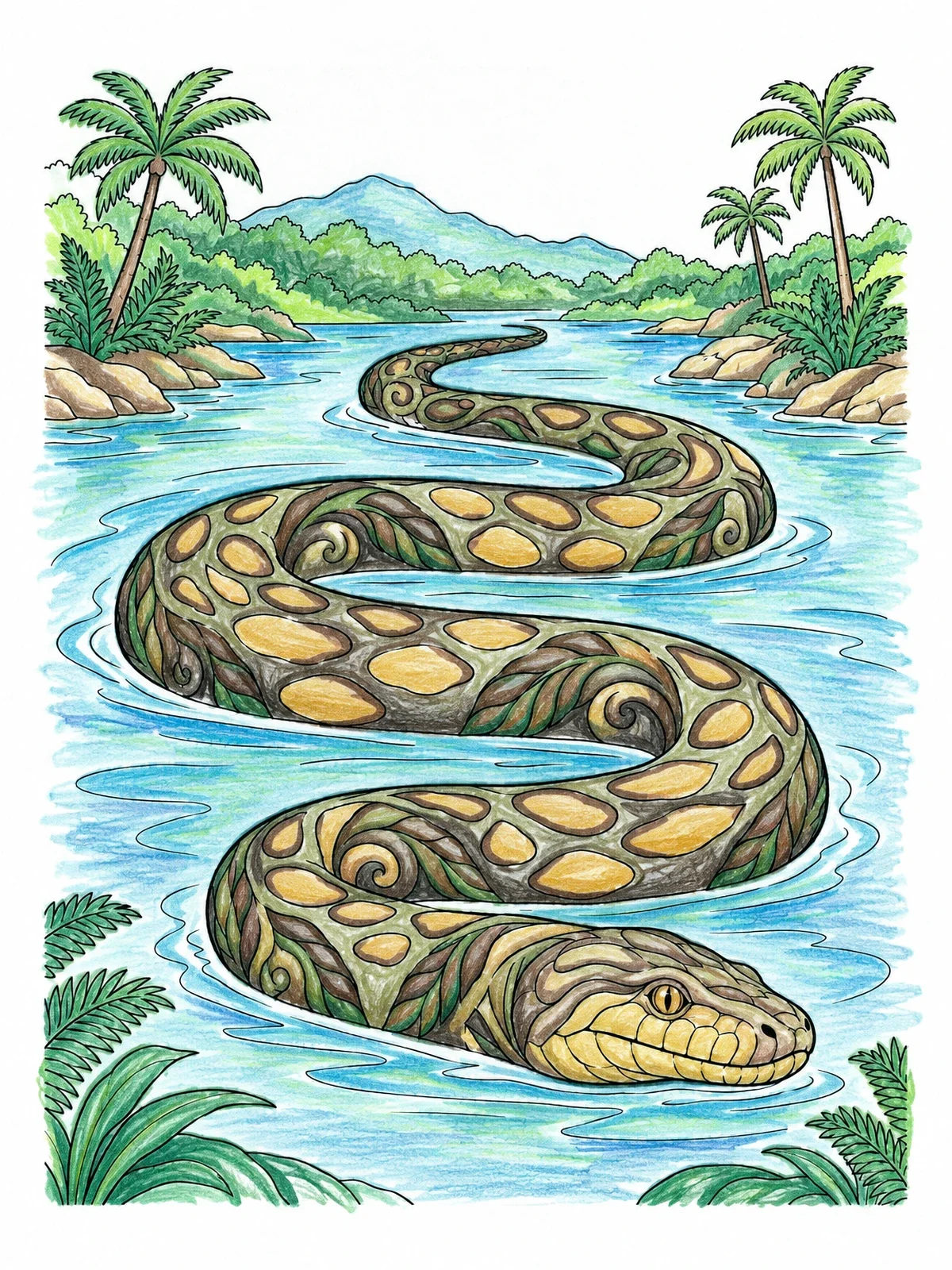 Colored example of the Titanoboa Gliding Through Jungle River coloring page