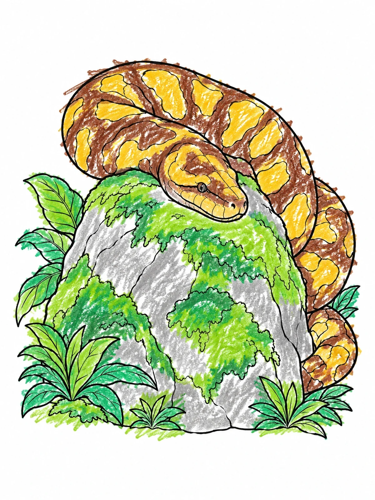 Colored example of the Titanoboa Resting On A Mossy Boulder coloring page