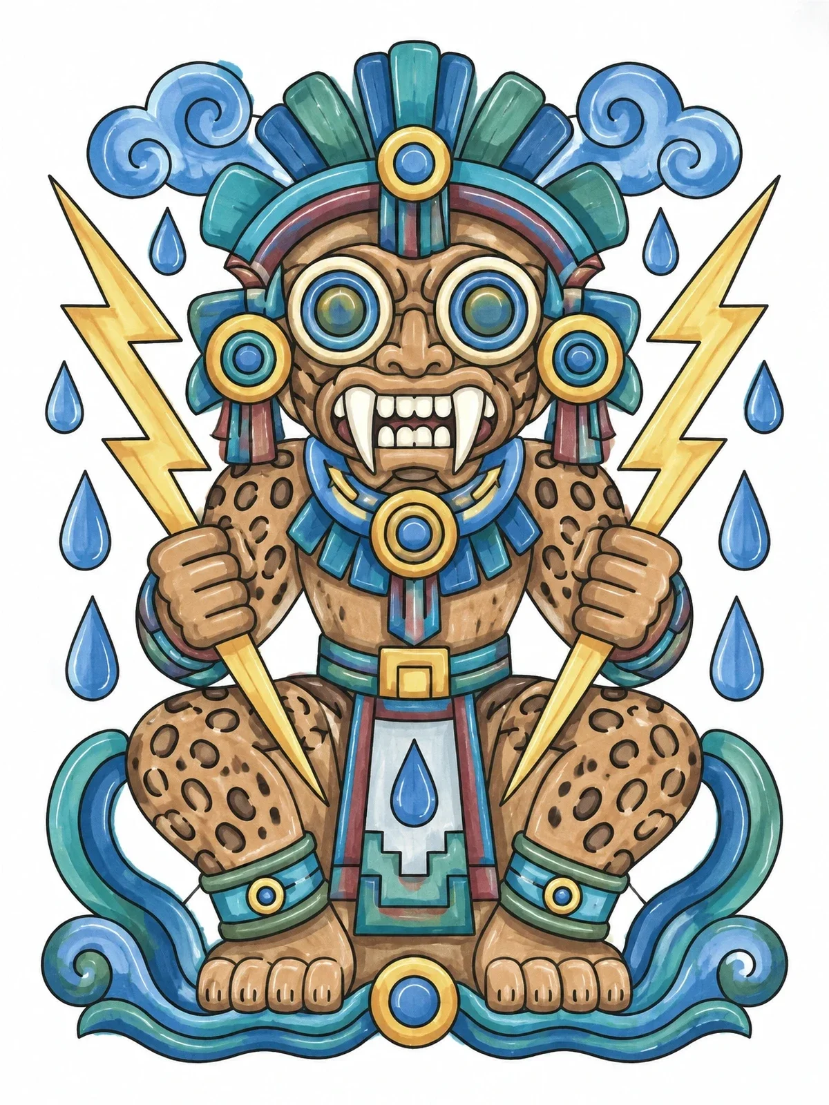 Colored example of the Tlaloc The Aztec Rain God coloring page