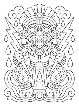 Detailed aztec coloring page showing the rain god Tlaloc holding lightning bolts.