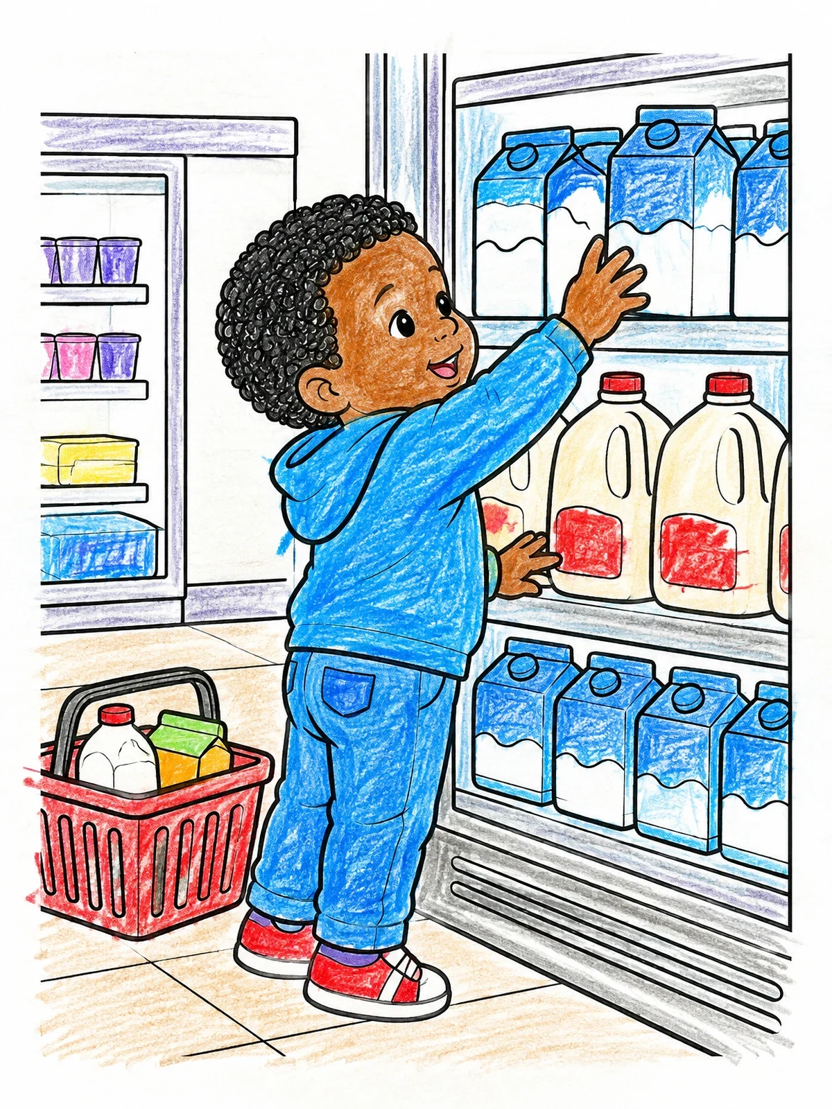 Colored example of the Toddler Choosing Milk At The Grocery Store coloring page