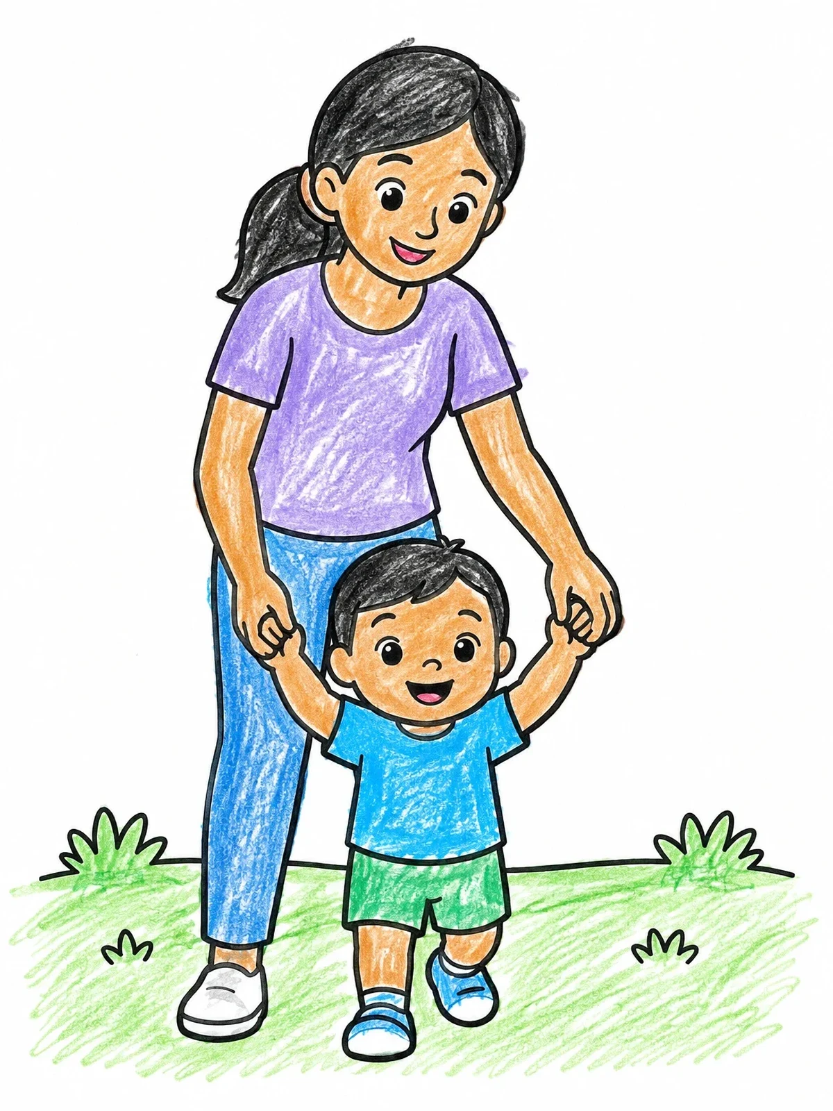 Colored example of the Toddler Taking First Steps With Mother coloring page