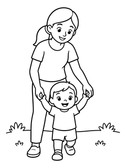 Free printable Toddler Taking First Steps With Mother coloring page