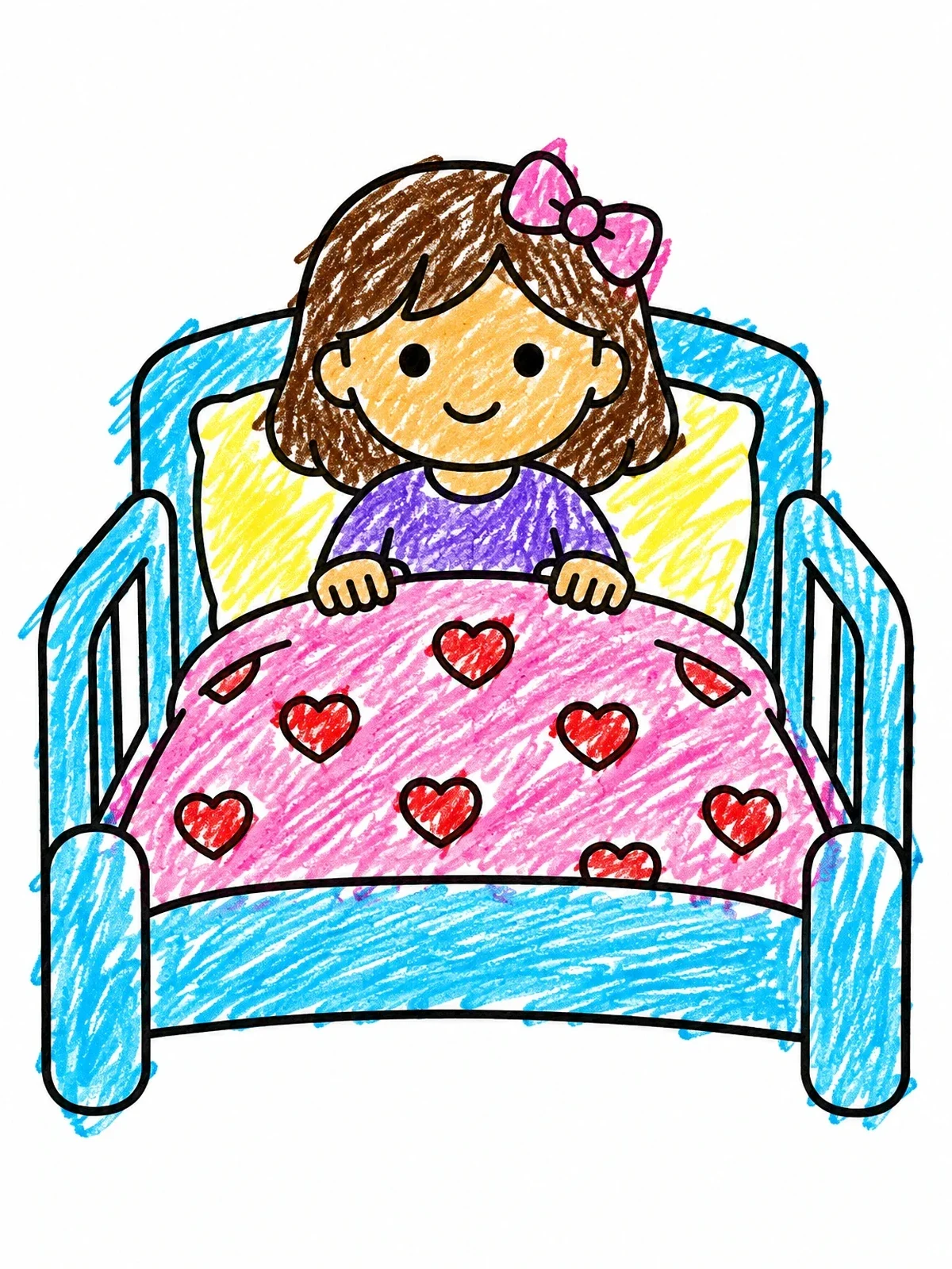 Colored example of the Toddler Girl In Cozy Bed coloring page