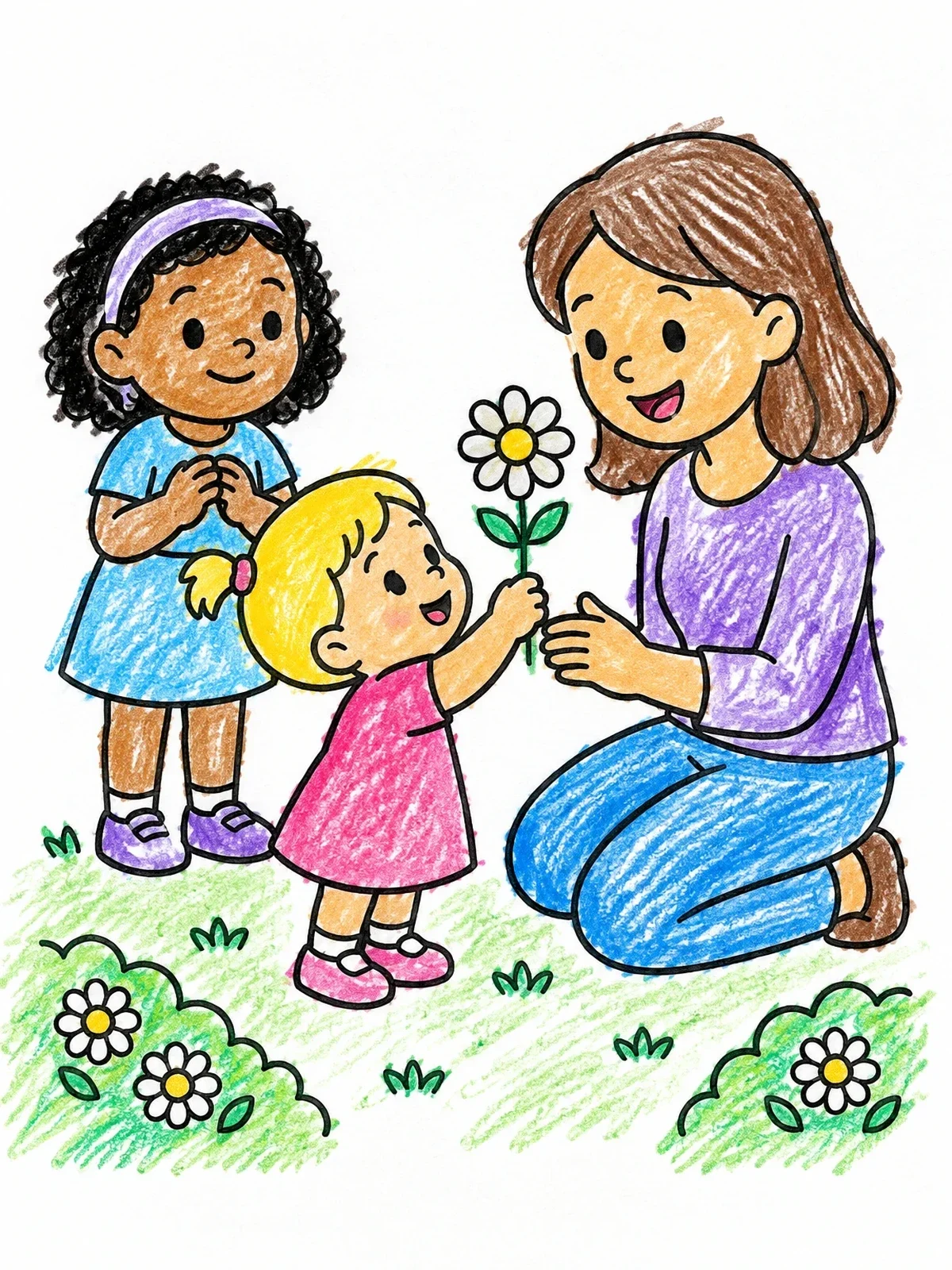 Colored example of the Toddler Giving Mom A Daisy Flower coloring page