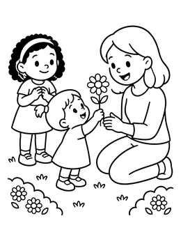 A smiling toddler gives a daisy flower coloring page to her happy mother outdoors.