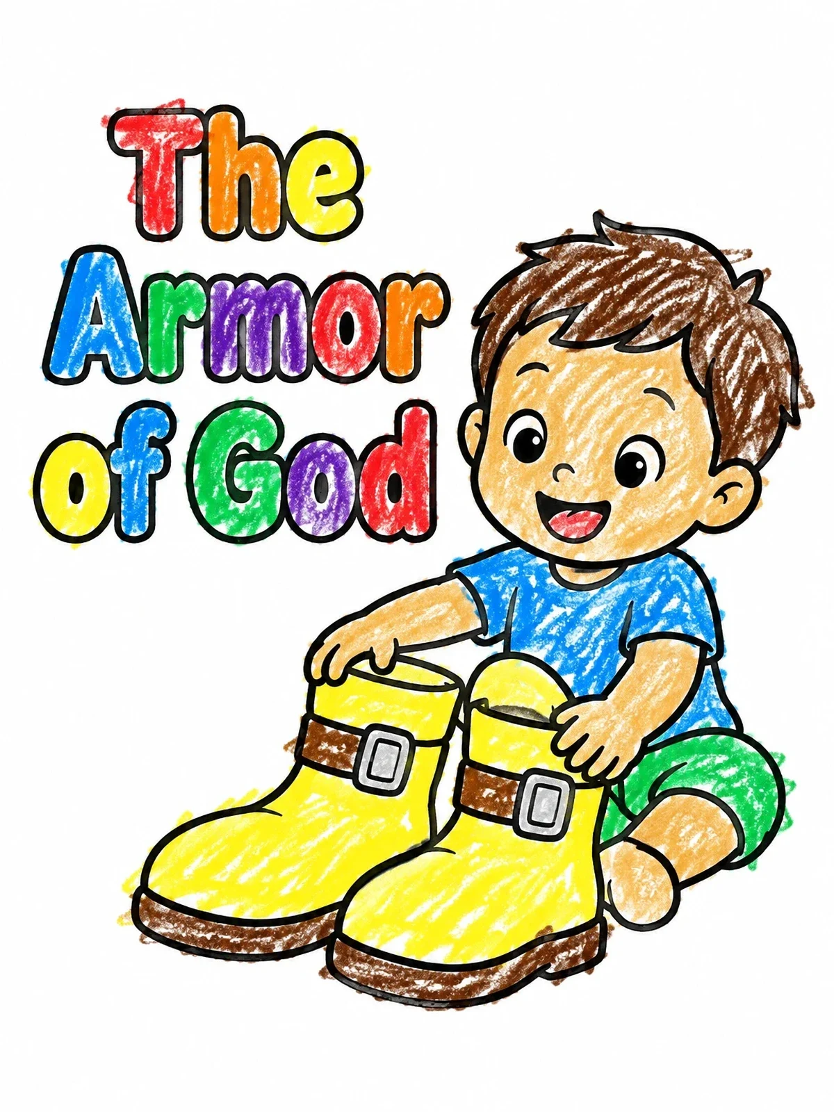 Colored example of the Toddler With Shoes Of Peace coloring page