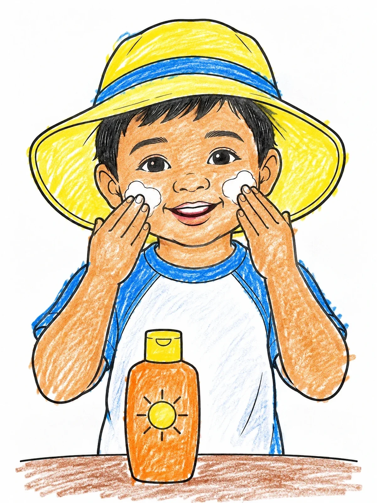 Colored example of the Toddler Applying Sunscreen With Hat coloring page