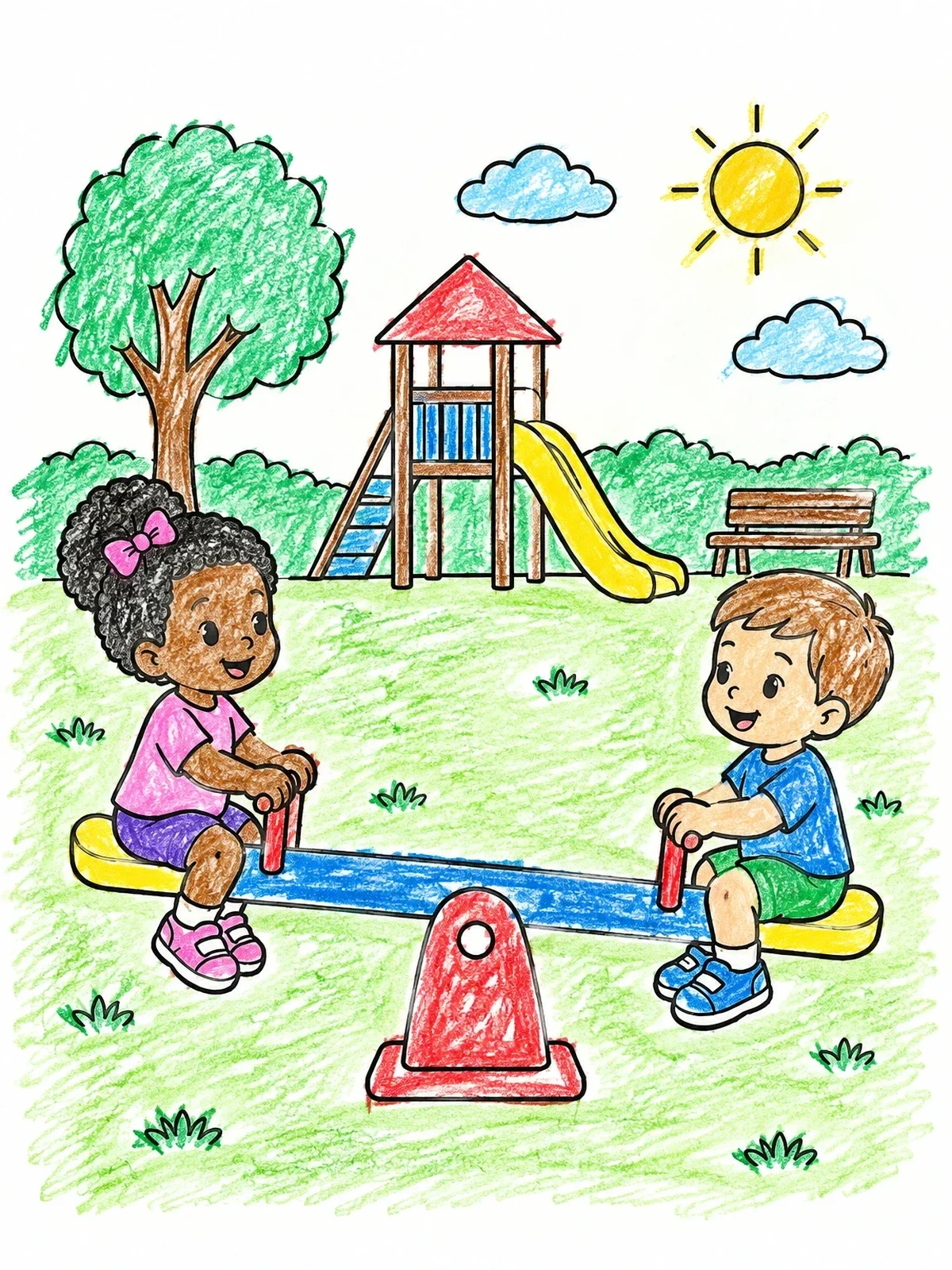 Colored example of the Toddlers Playing On Seesaw coloring page
