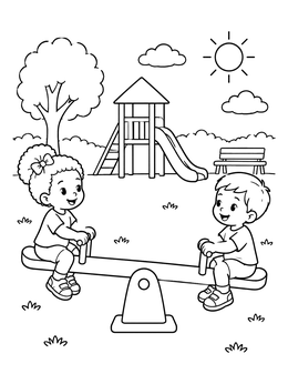 Two happy toddlers playing seesaw on a sunny playground coloring page.