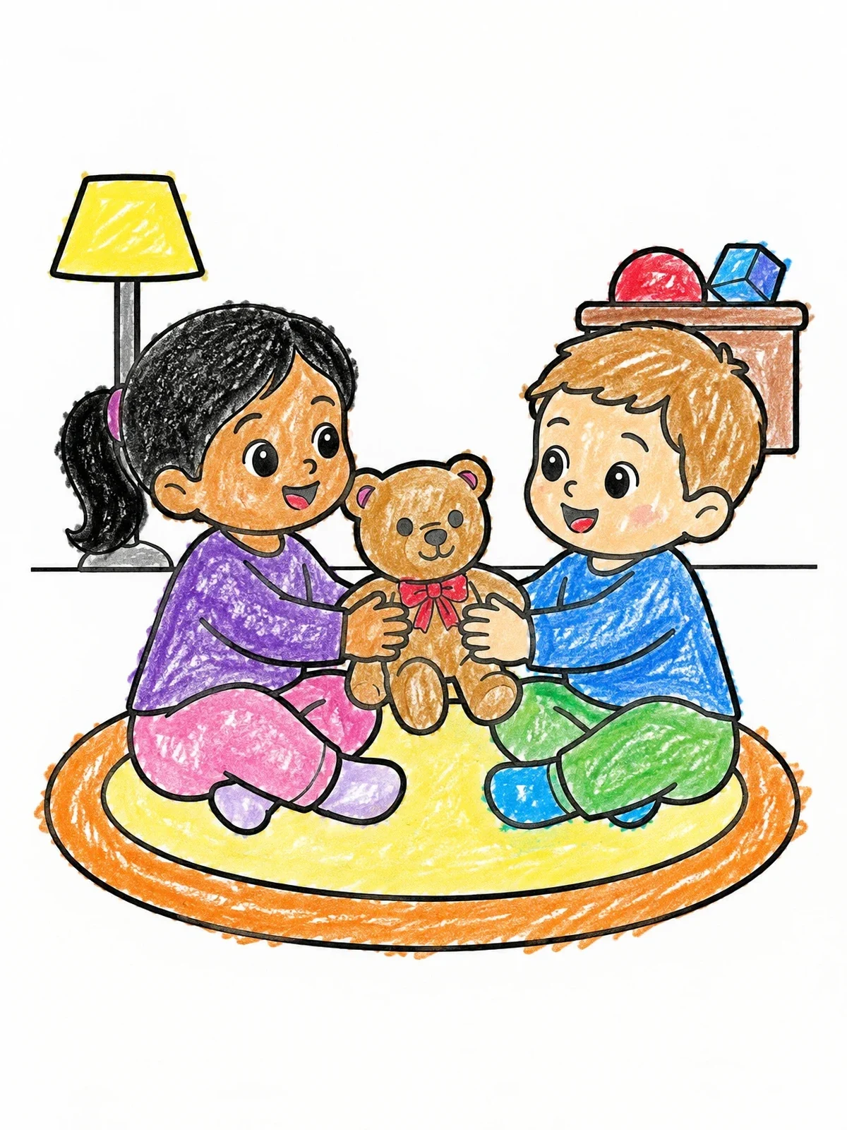 Colored example of the Toddlers Sharing A Teddy Bear coloring page