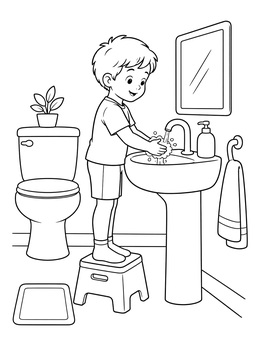 A smiling boy washing his hands at the sink in this toilet training coloring page.