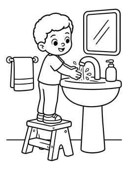Free printable Boy Washing Hands On Step Stool coloring page