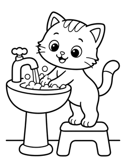Free printable Cute Kitten Washing Paws In Sink coloring page
