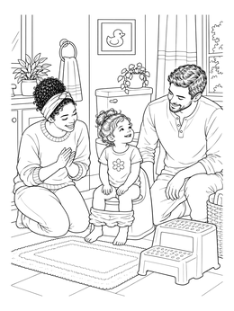 A cheerful toddler sits on a potty chair in this toilet training coloring page with encouraging parents.