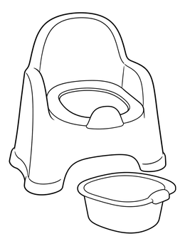 A toilet training coloring page featuring a standalone toddler potty chair and a removable collection basin.