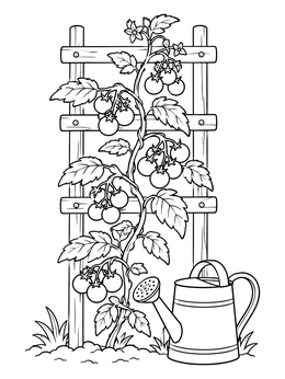 A leafy tomato vine climbs a wooden trellis next to a watering can on this tomato coloring page.