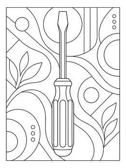 An intricate tools coloring page showing a flathead screwdriver against abstract patterns.