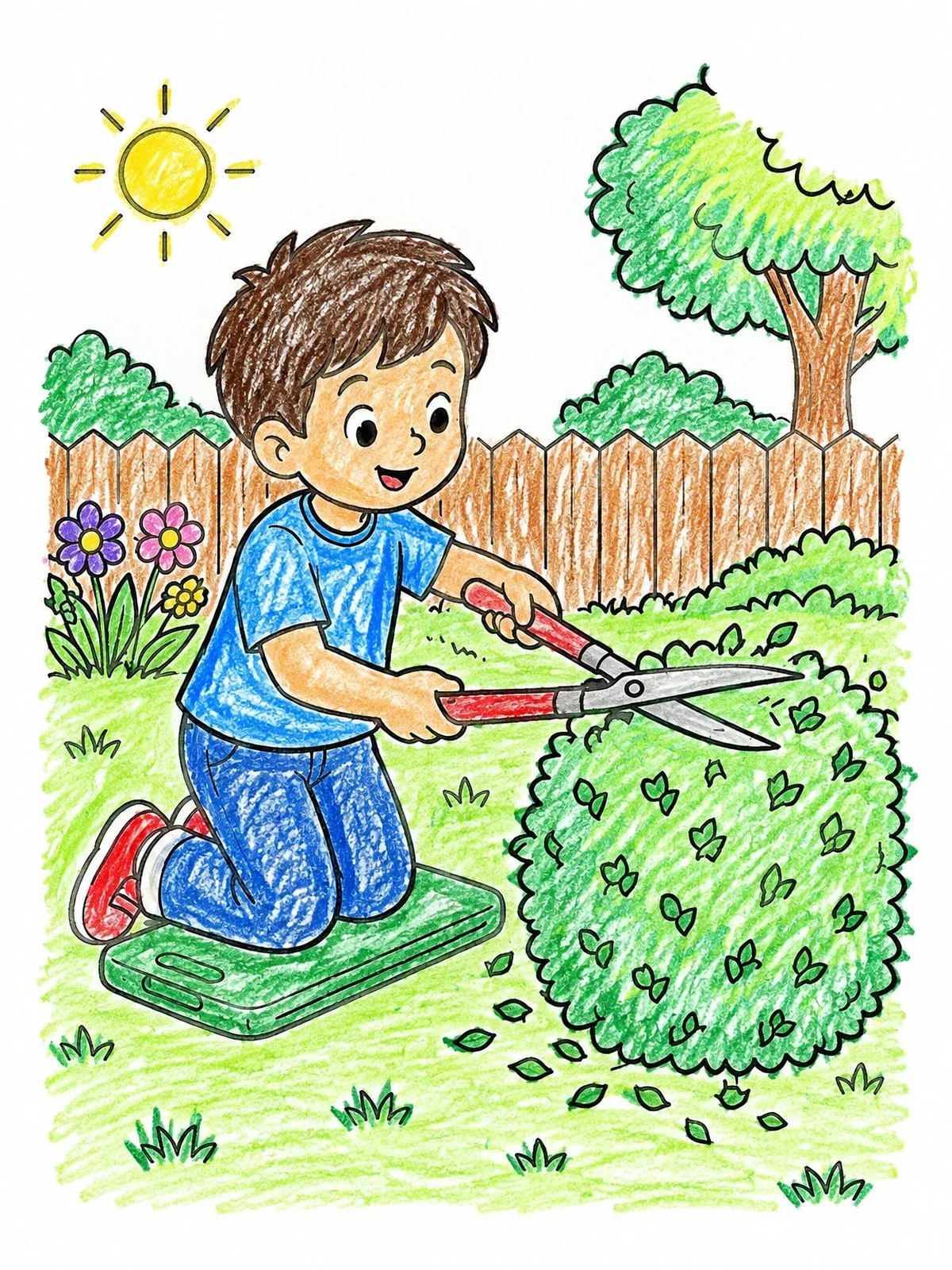 Colored example of the Boy Trimming Bush With Hedge Shears coloring page