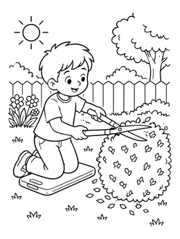 A cheerful boy uses garden shears on this tools coloring page while kneeling outdoors.