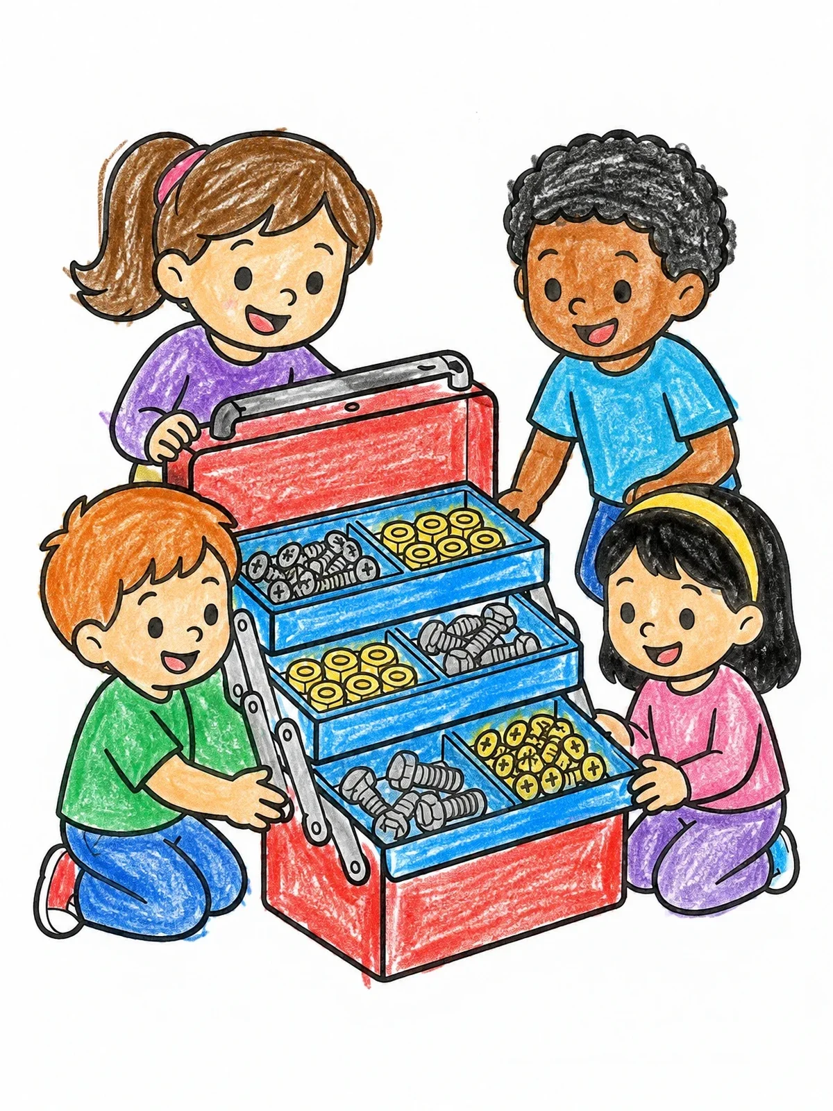 Colored example of the Children Exploring Cantilever Toolbox coloring page