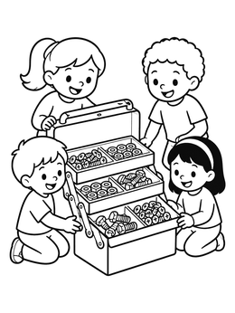 Happy kids gathered around a tier toolbox in this fun tools coloring page.