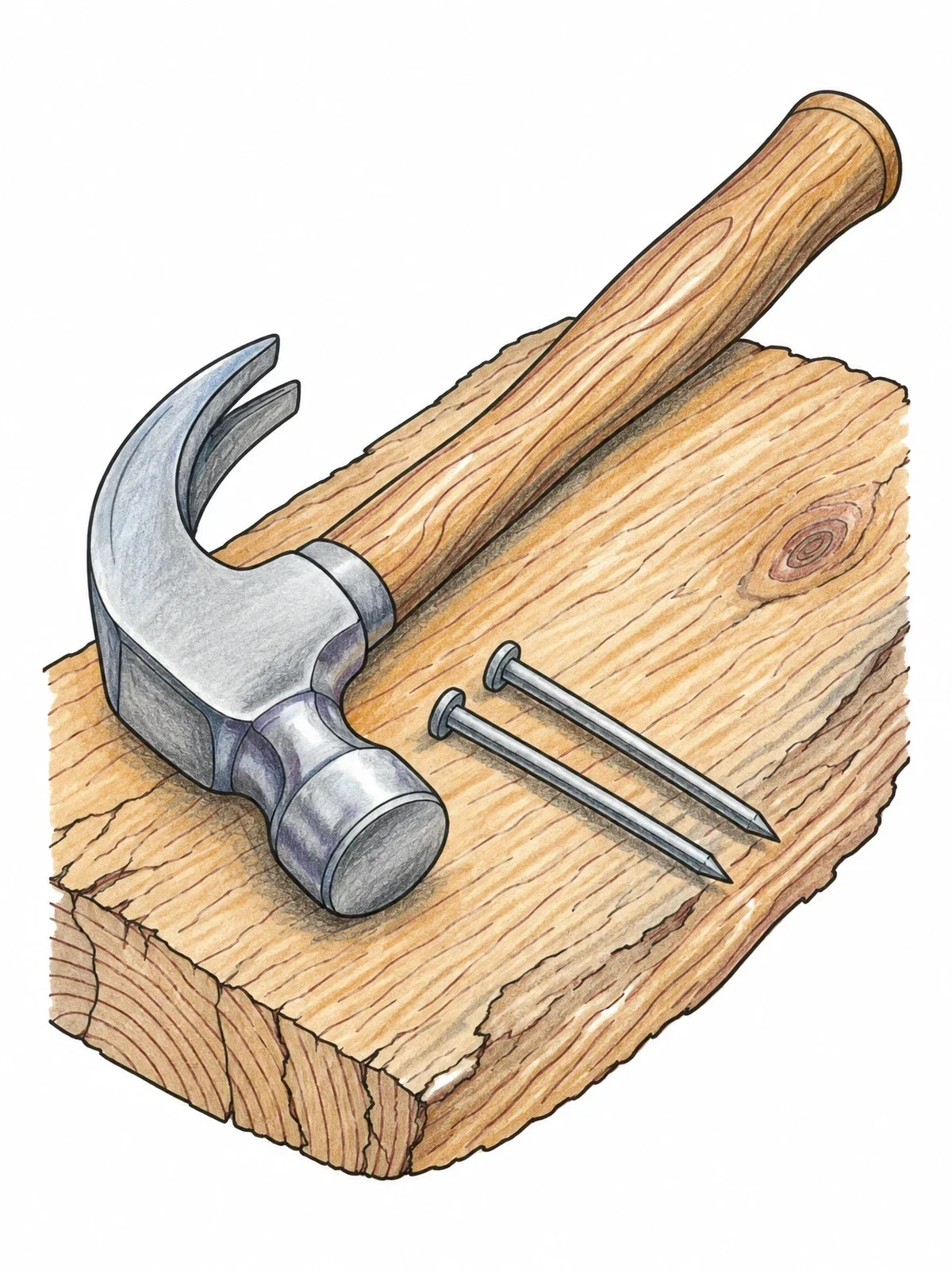 Colored example of the Claw Hammer And Nails On Timber coloring page