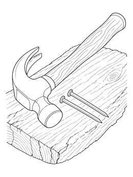 A realistic claw hammer resting on wood with two nails in this tools coloring page.