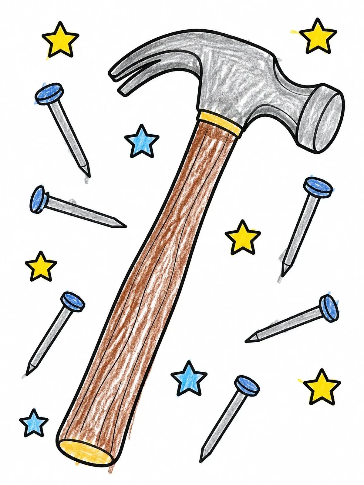 Colored example of the Claw Hammer With Nails And Stars coloring page
