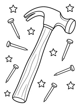 A bold claw hammer surrounded by nails and stars on this tools coloring page.