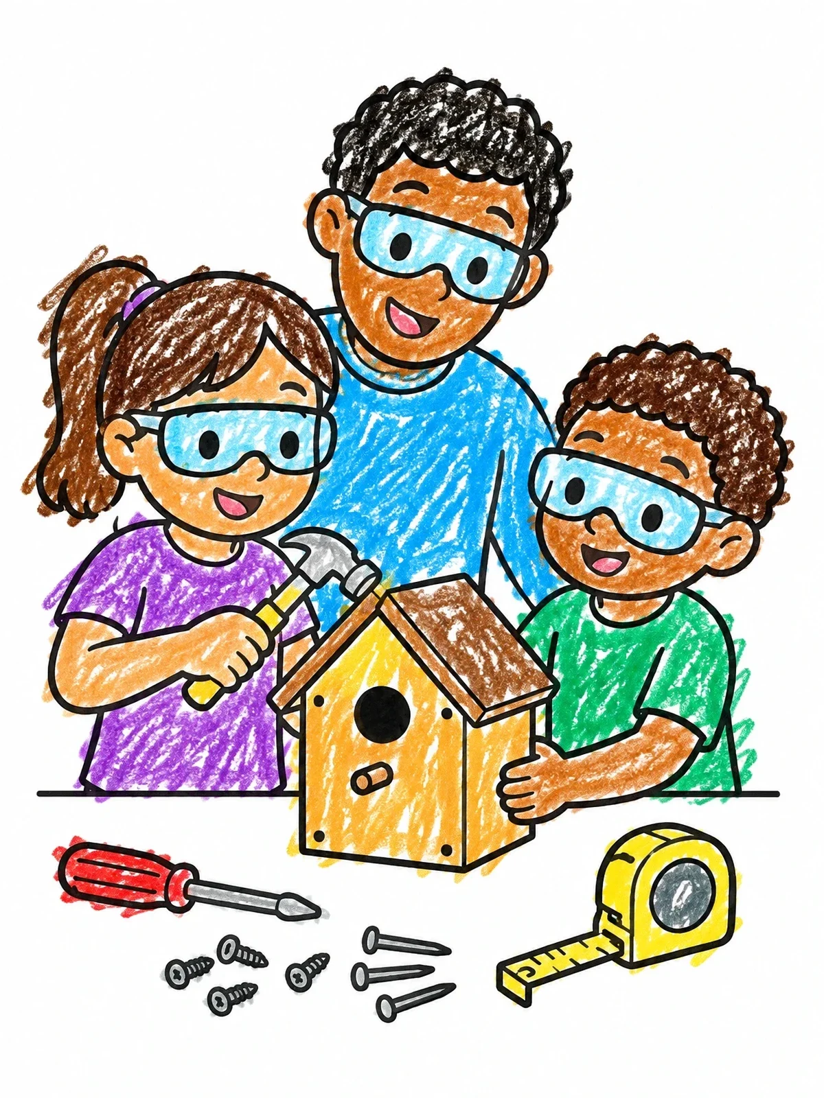 Colored example of the Family Building A Wooden Birdhouse coloring page