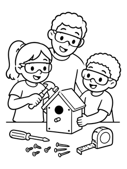 Free printable Family Building A Wooden Birdhouse coloring page