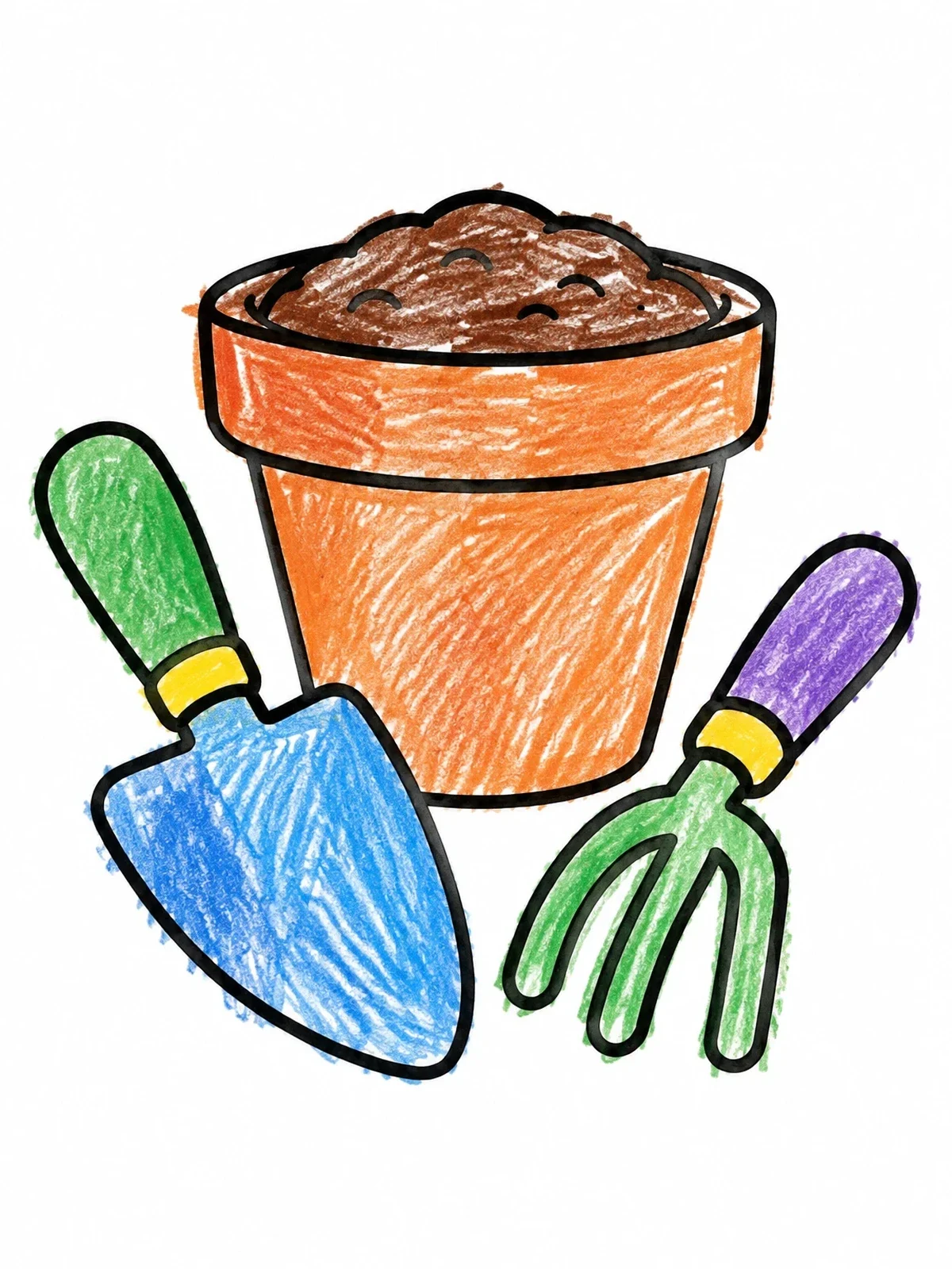 Colored example of the Flowerpot With Garden Trowel And Fork coloring page