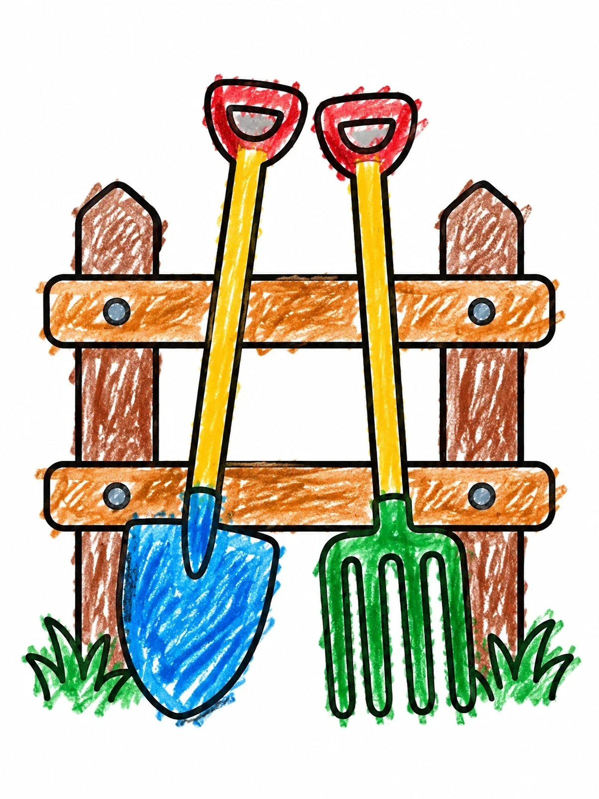 Colored example of the Garden Shovel And Pitchfork Fence coloring page