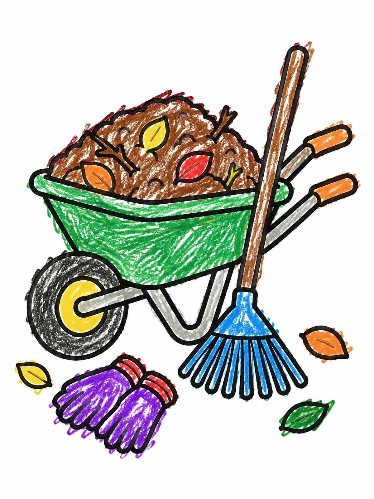 Colored example of the Garden Wheelbarrow With Rake And Gloves coloring page