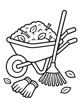 Free printable Garden Wheelbarrow With Rake And Gloves coloring page