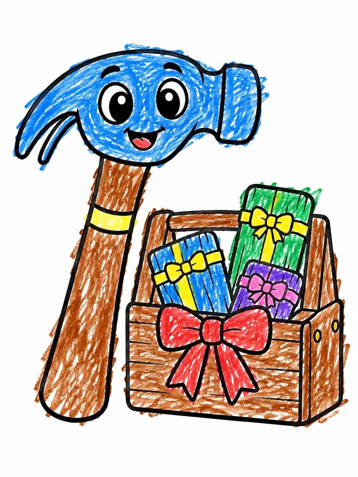 Colored example of the Happy Hammer And Gift Toolbox coloring page
