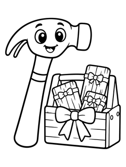 A cheerful cartoon hammer stands next to a gift toolbox on this tools coloring page.