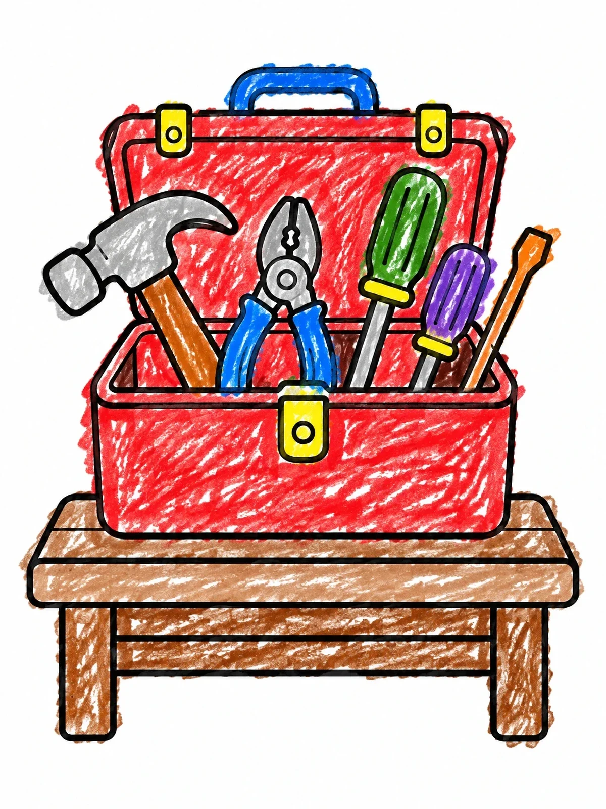 Colored example of the Open Toolbox On A Small Bench coloring page
