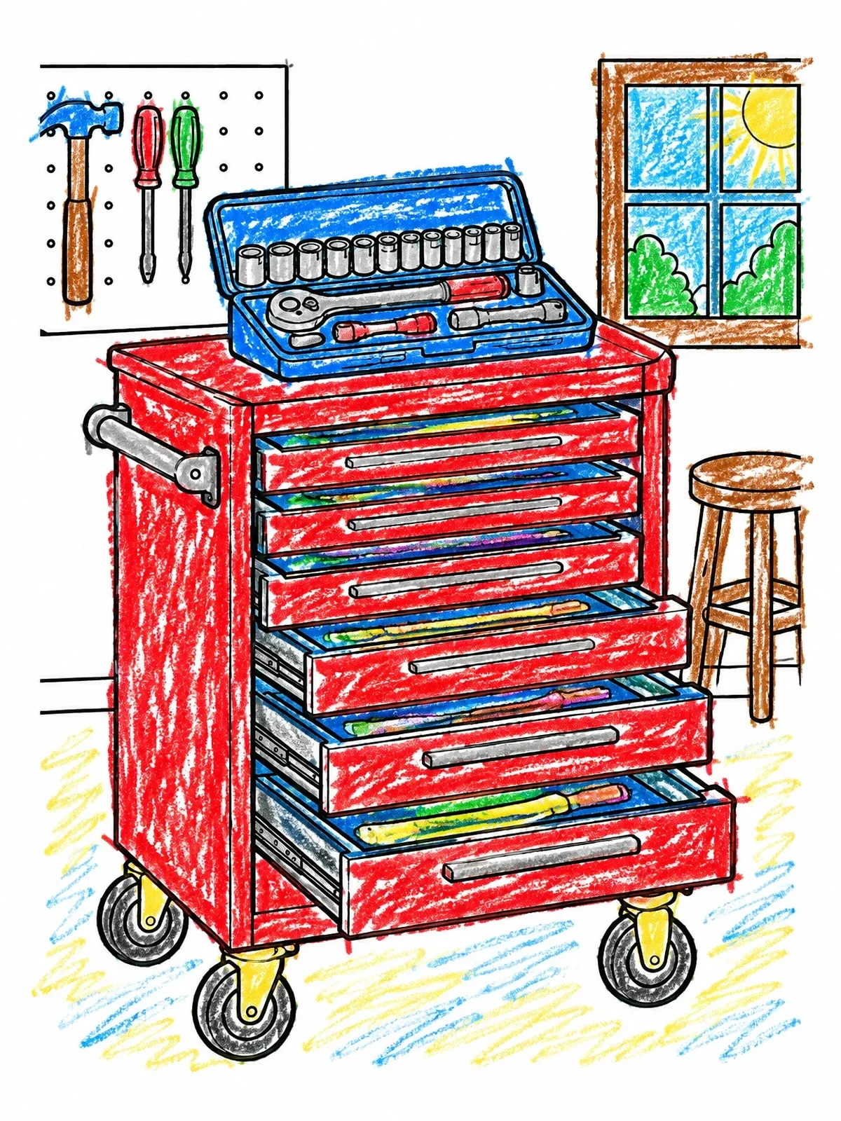 Colored example of the Rolling Tool Chest With Socket Set coloring page