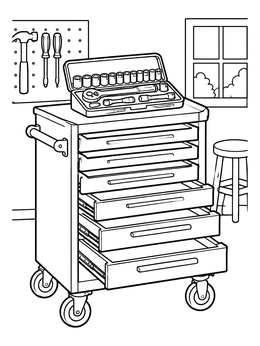 A workshop scene featuring a rolling tool chest on this tools coloring page.
