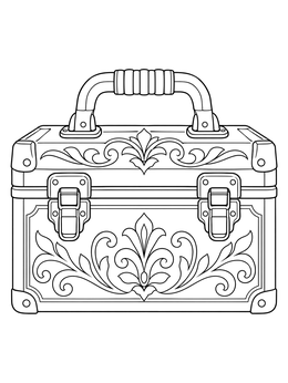 An ornate vintage metal case on a tools coloring page with detailed floral relief.