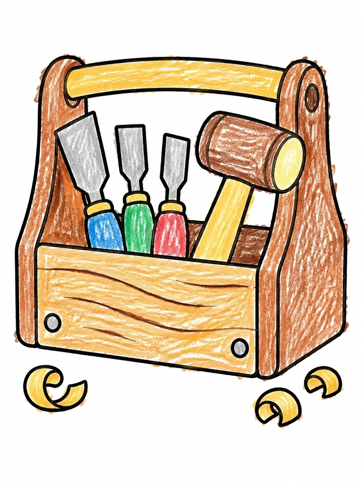 Colored example of the Wooden Toolbox With Chisels And Mallet coloring page