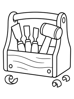 A wooden toolbox with chisels and a mallet in this tools coloring page.