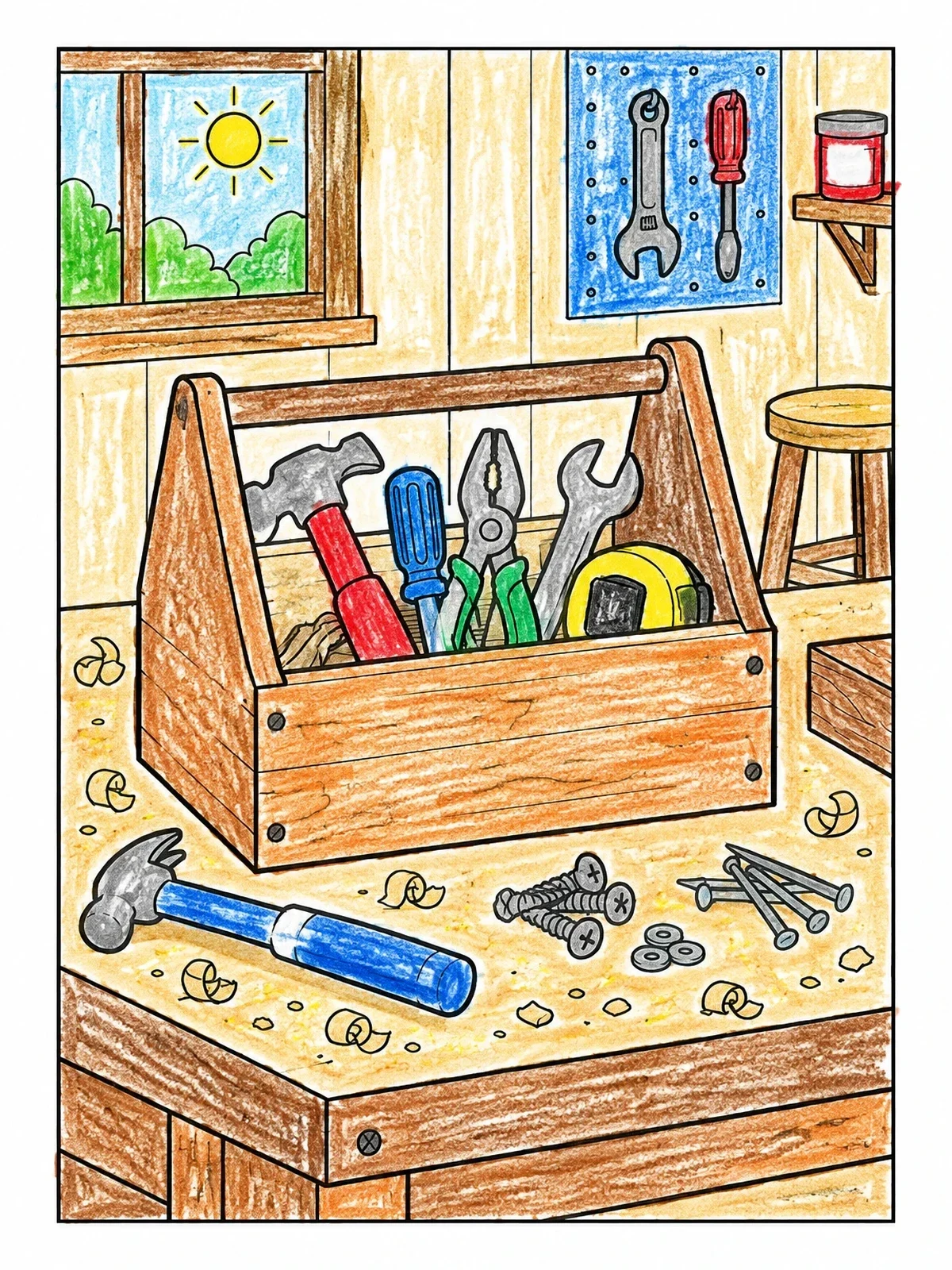 Colored example of the Wooden Toolbox On A Workshop Bench coloring page