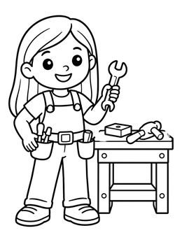 A cheerful girl holding a wrench beside her workbench in this fun tools coloring page.